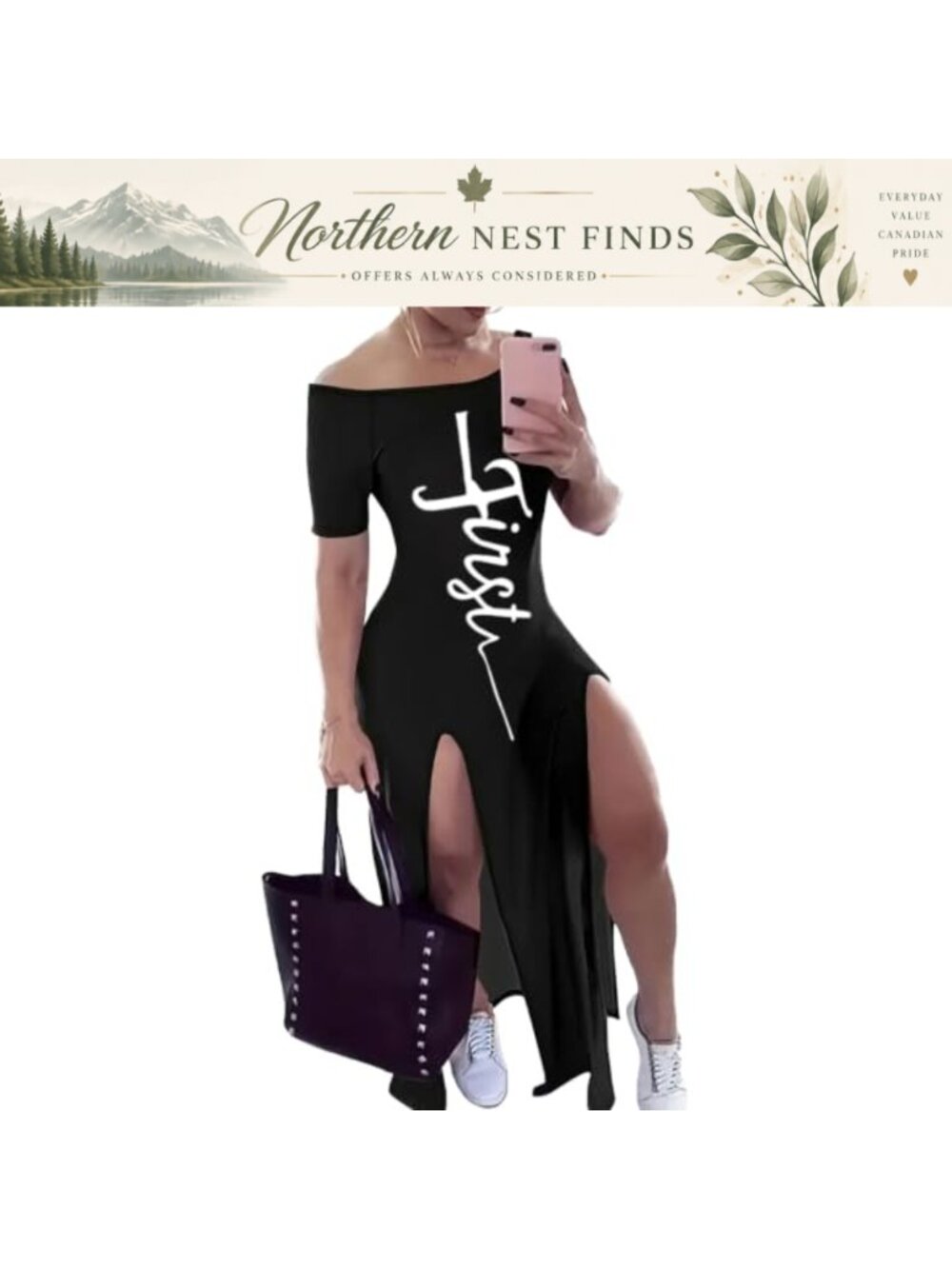 Off Shoulder Short Sleeve High Slit Bodycon Maxi Dress Letter Print